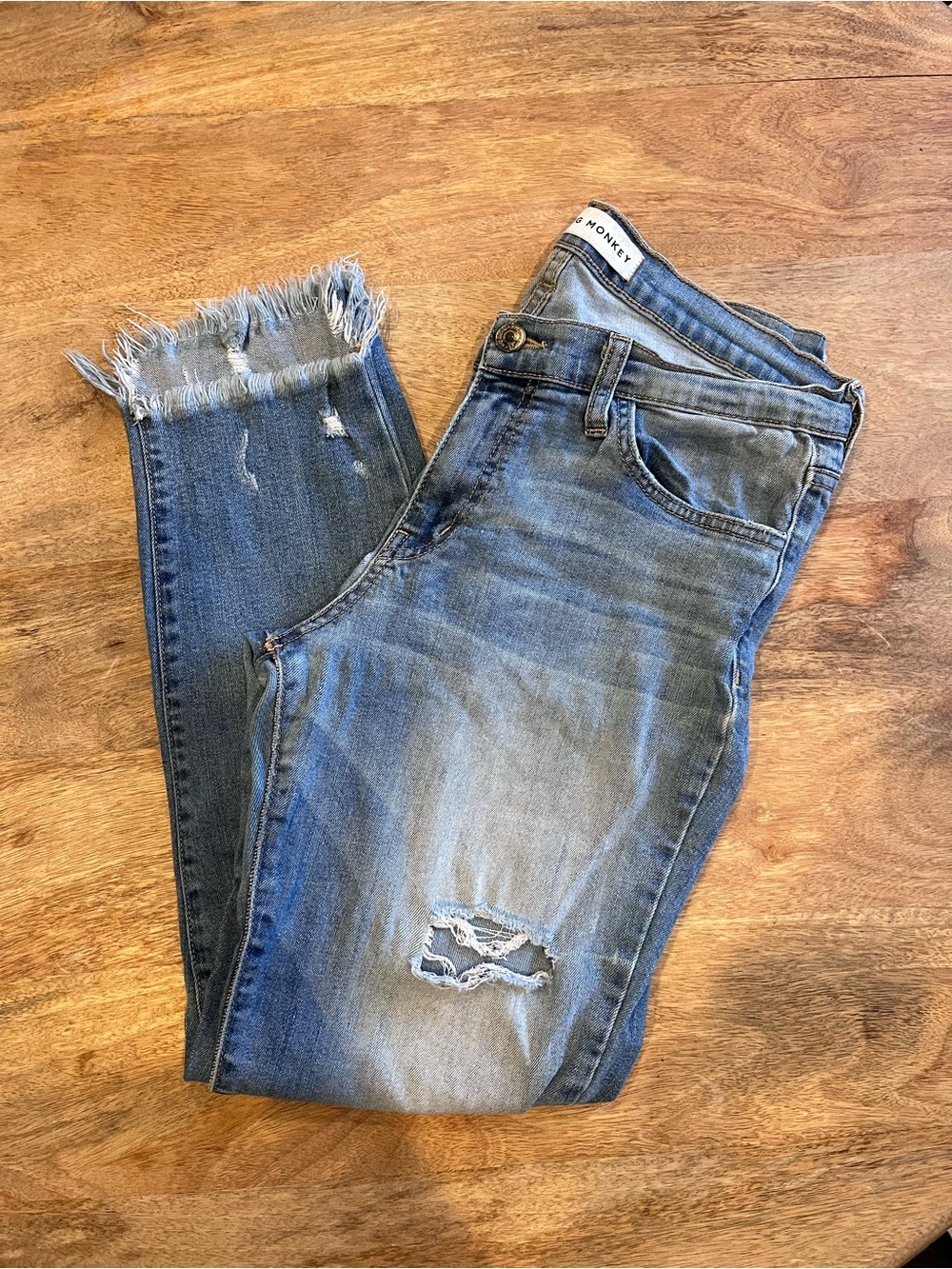 Flying Monkey Frayed Hem Distressed Blue Cropped Jeans